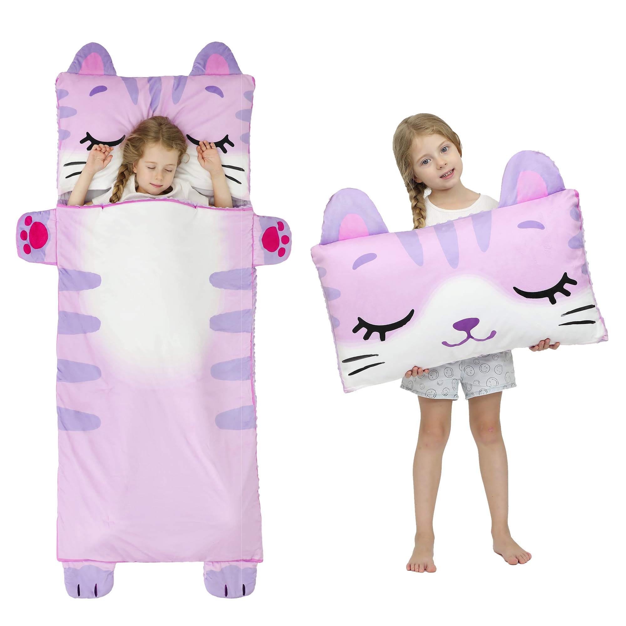 Wizland kids sleeping bag with cat pattern offers cozy warmth for naptime.