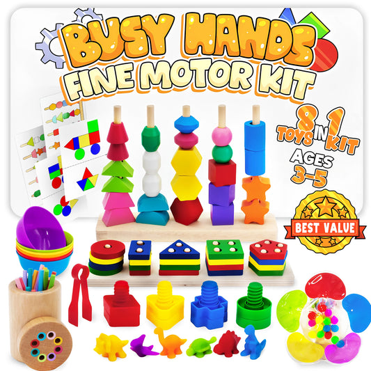 WIZZLY 8-in-1 Busy Hands stack toy boosts fine motor skills through stacking play.