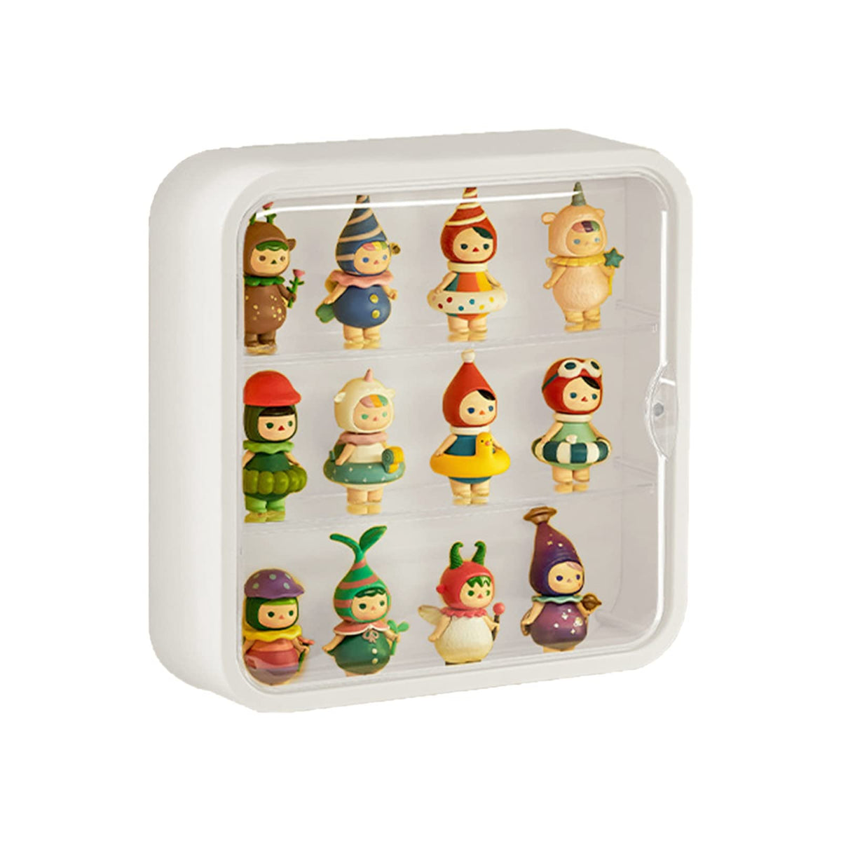 WMM clear display case wall-mount shows figures with dust protection and easy viewing