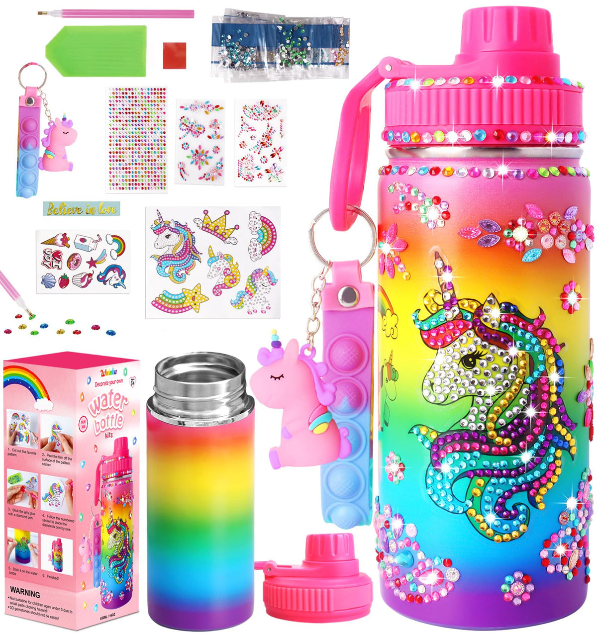 Wninbu unicorn bottle decorate kit front view for girls with creative sticker designs.