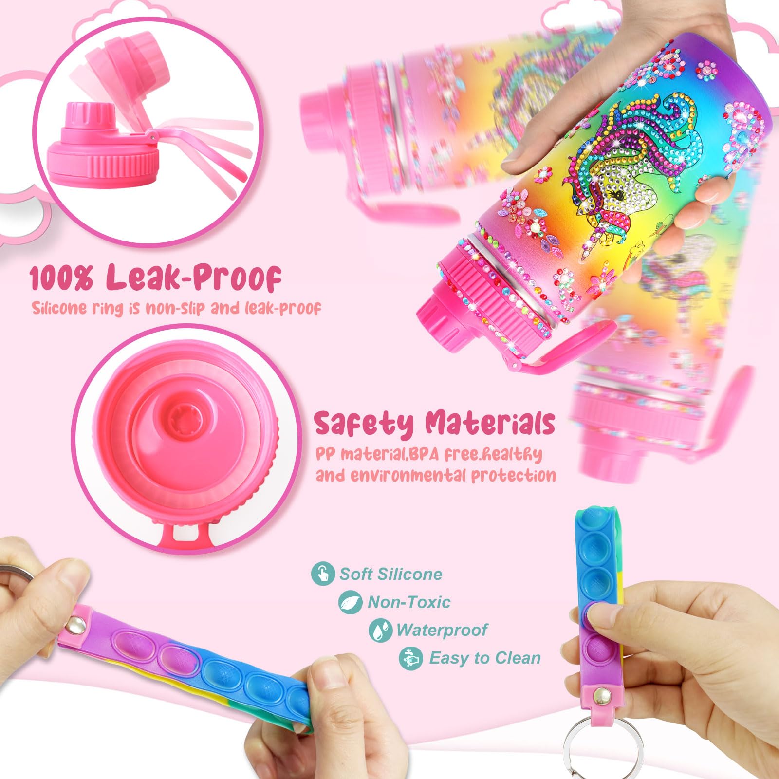 Wninbu unicorn bottle with key chain handle for easy carrying.