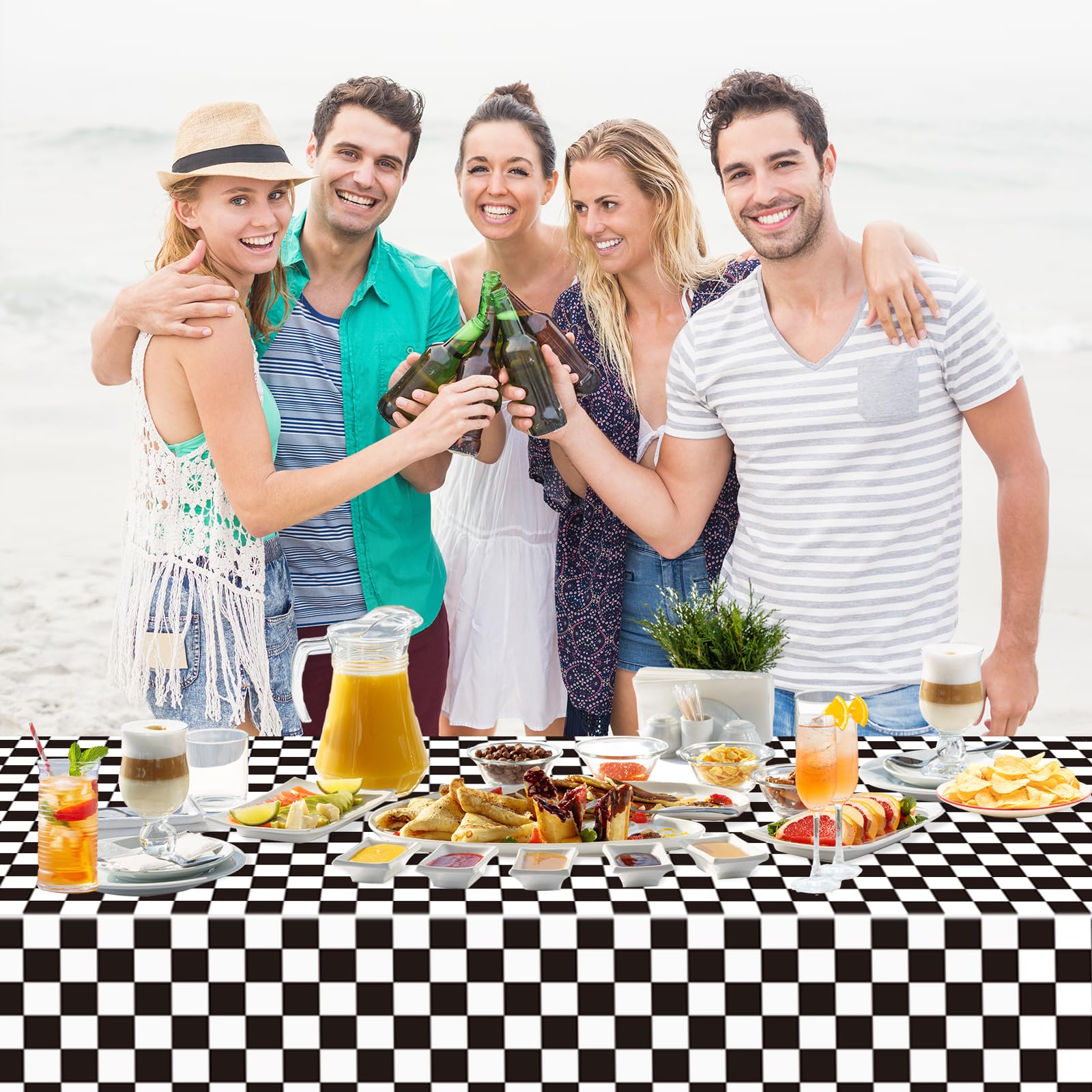 WNINK outdoor picnic setup with black and white grid tablecloth.