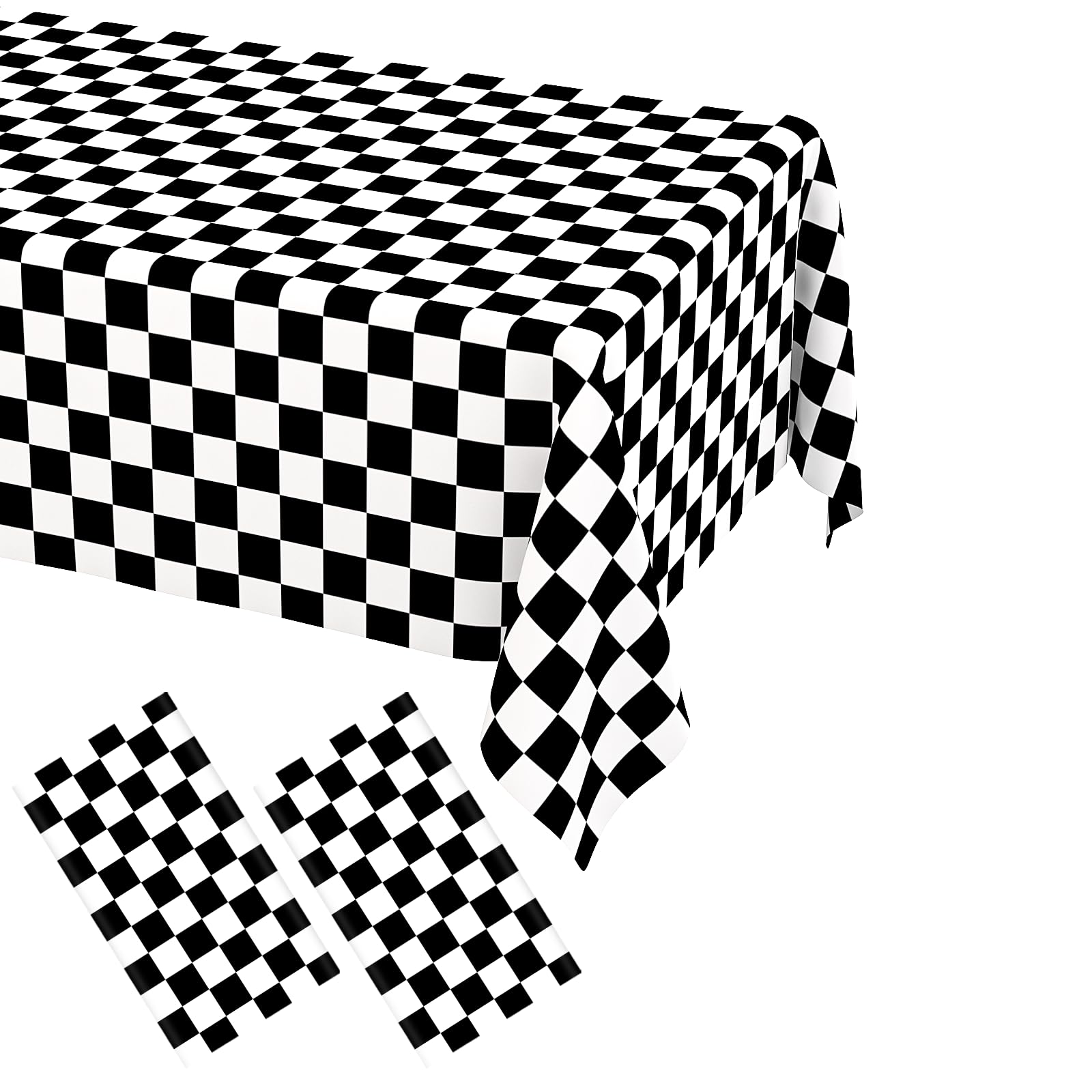 WNINK race car tablecloth unfolded on table; protects surface during party.