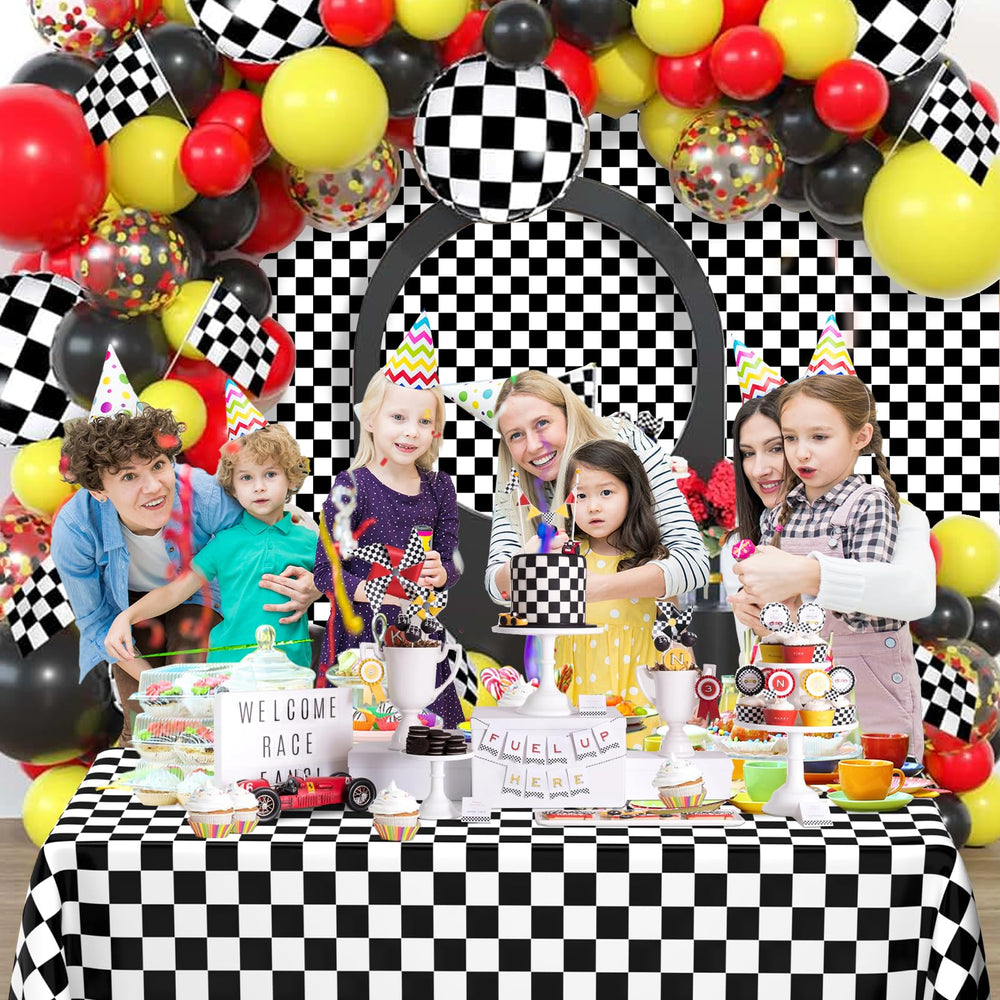 WNINK race-theme table setup with checkered cloth for a festive event.