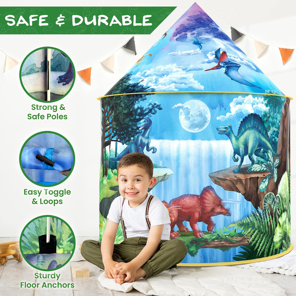W&O Dinosaur Discovery tent features vibrant artwork to spark storytelling.
