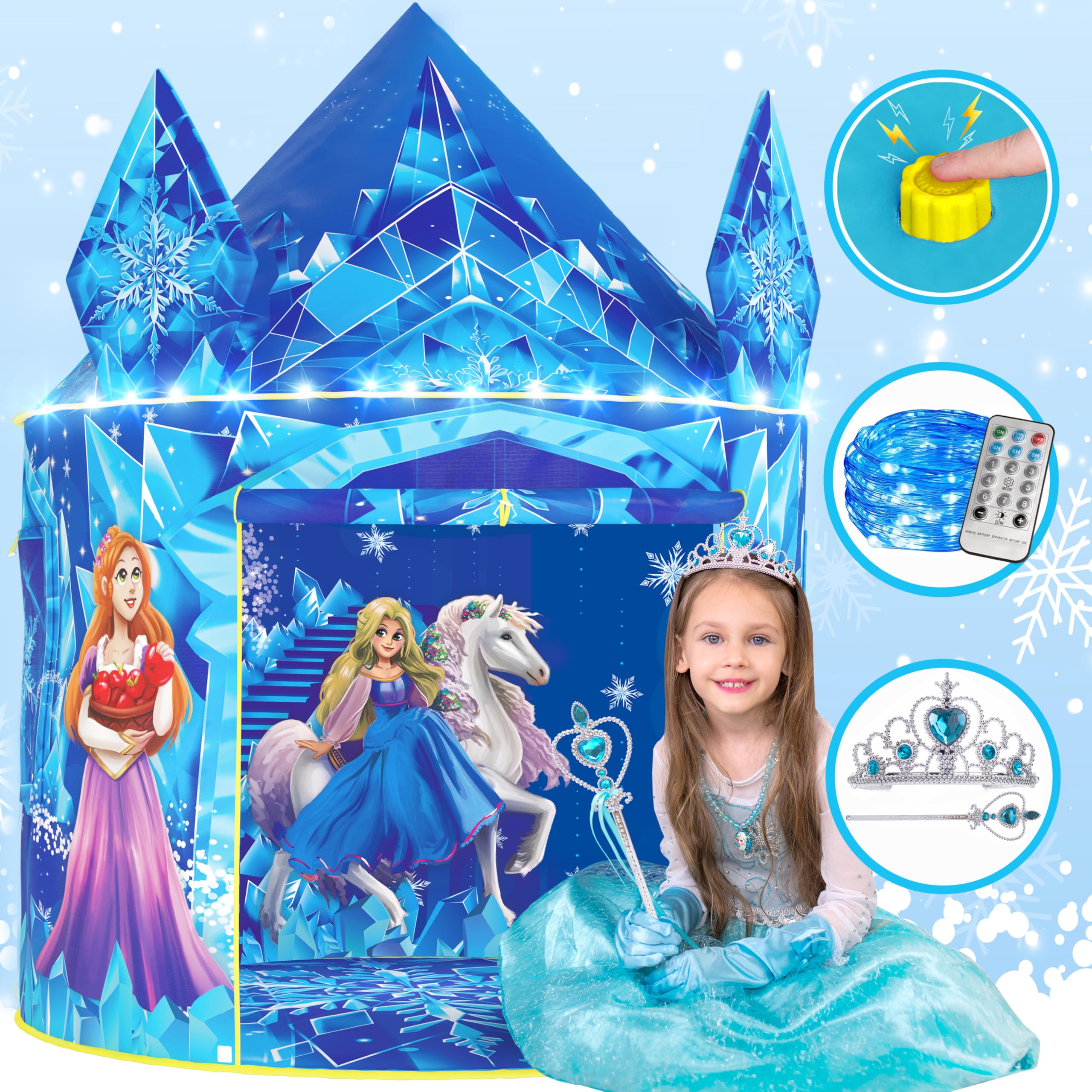 W&amp;O Frozen Princess Tent with crown and wand lights for magical indoor adventures.