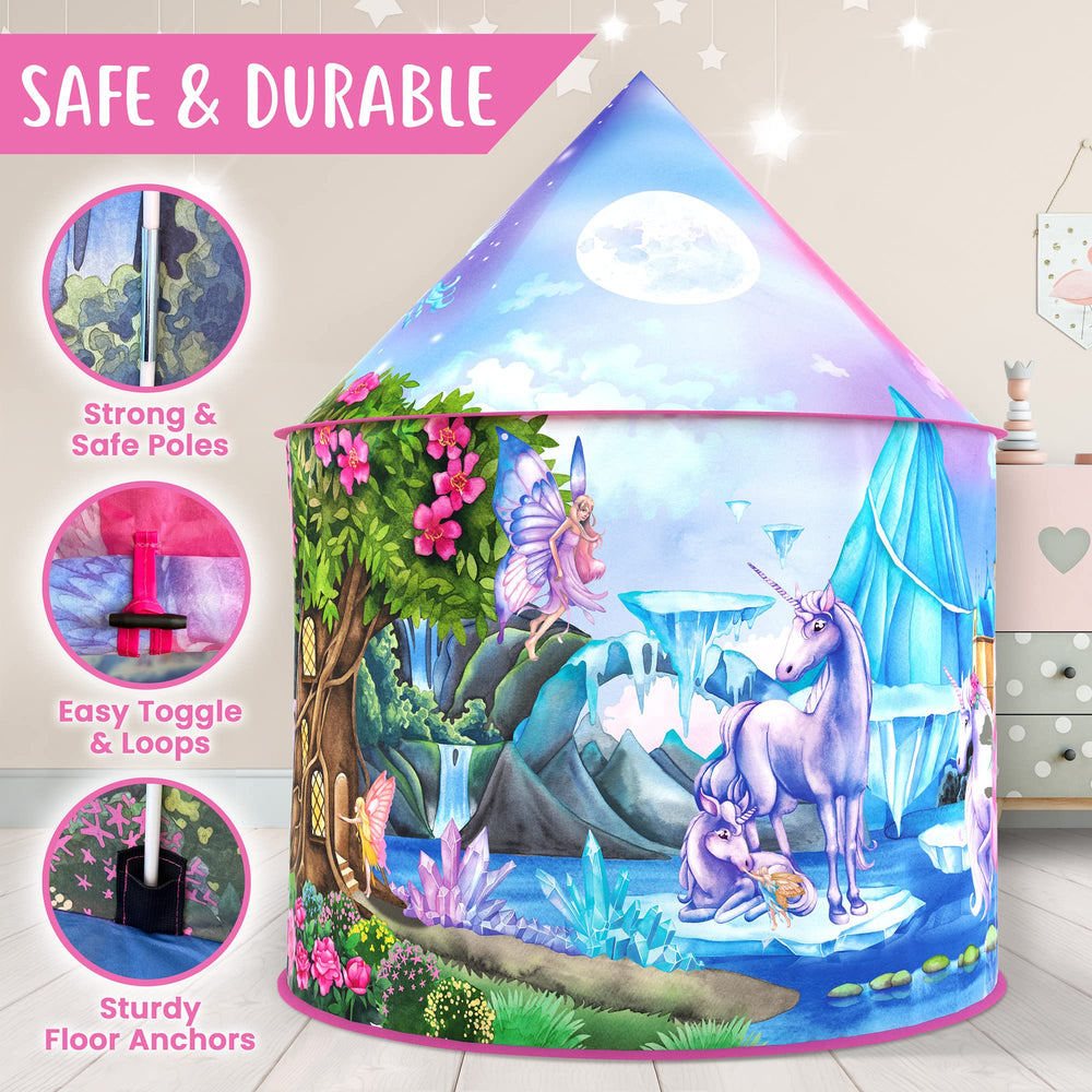 W&O Unicorn Sparkle Play Tent interactive button and vibrant artwork for imaginative play.