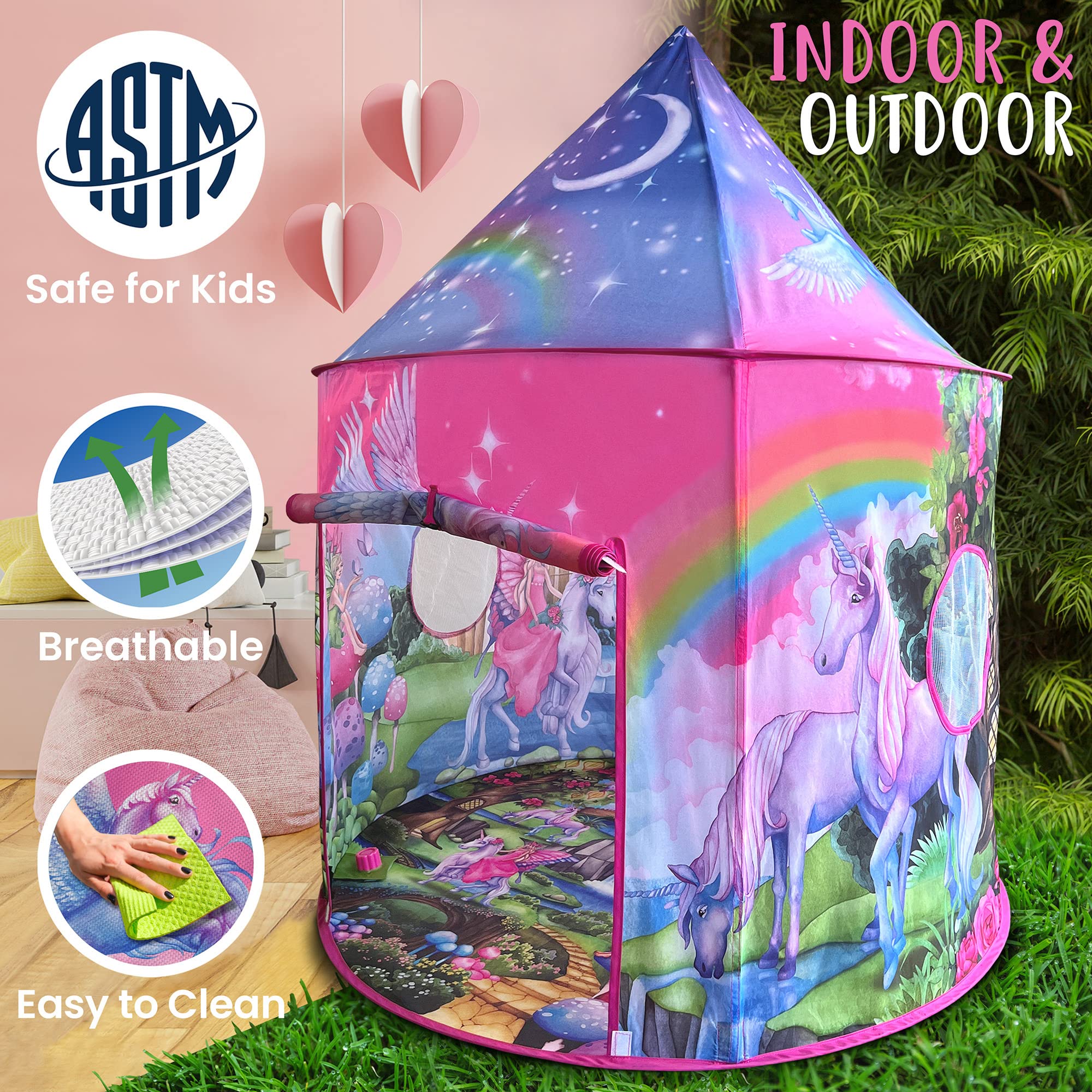 W&O Unicorn Sparkle Play Tent folded for compact storage and portability.