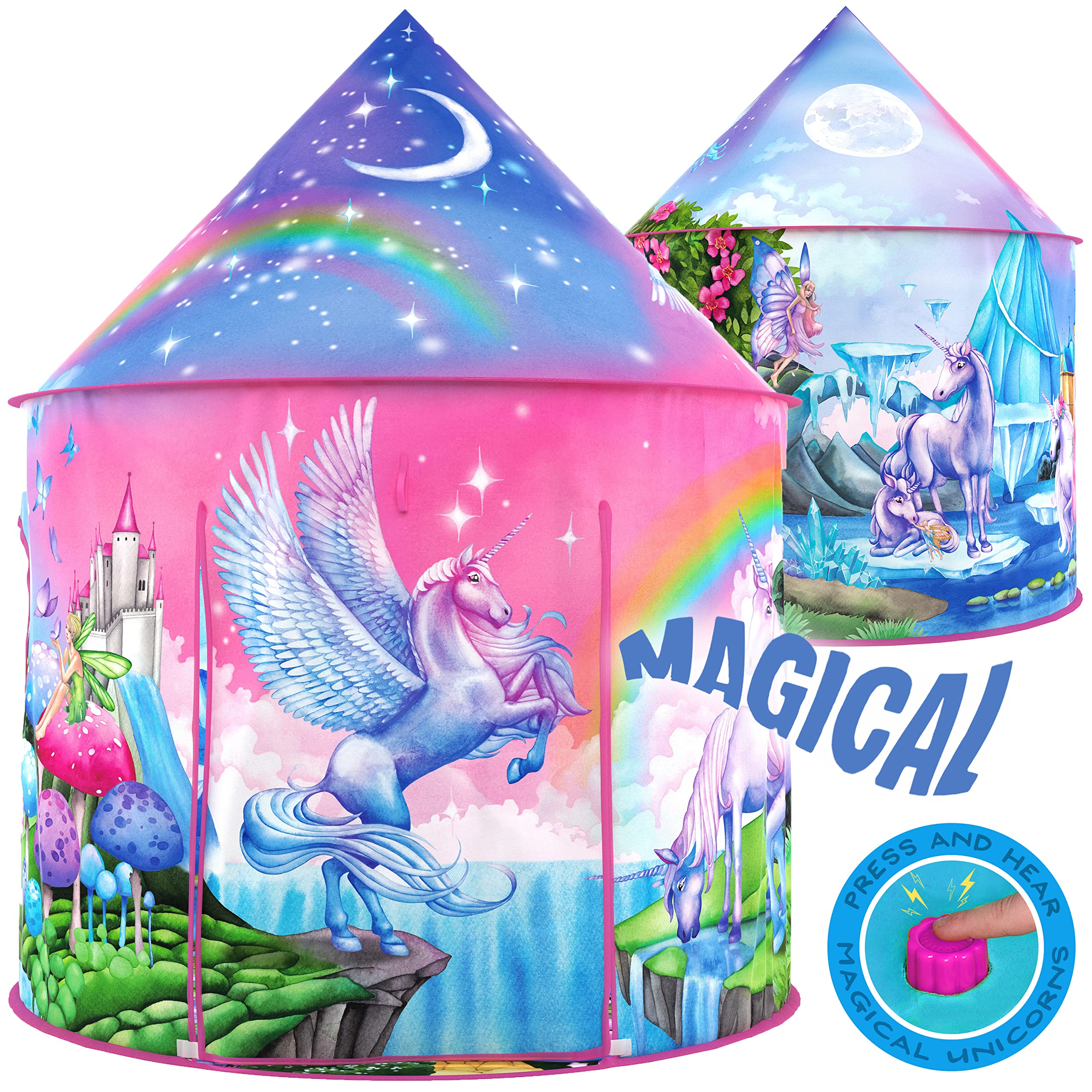 W&O Unicorn Sparkle Play Tent front view with magical unicorn design for imaginative play.