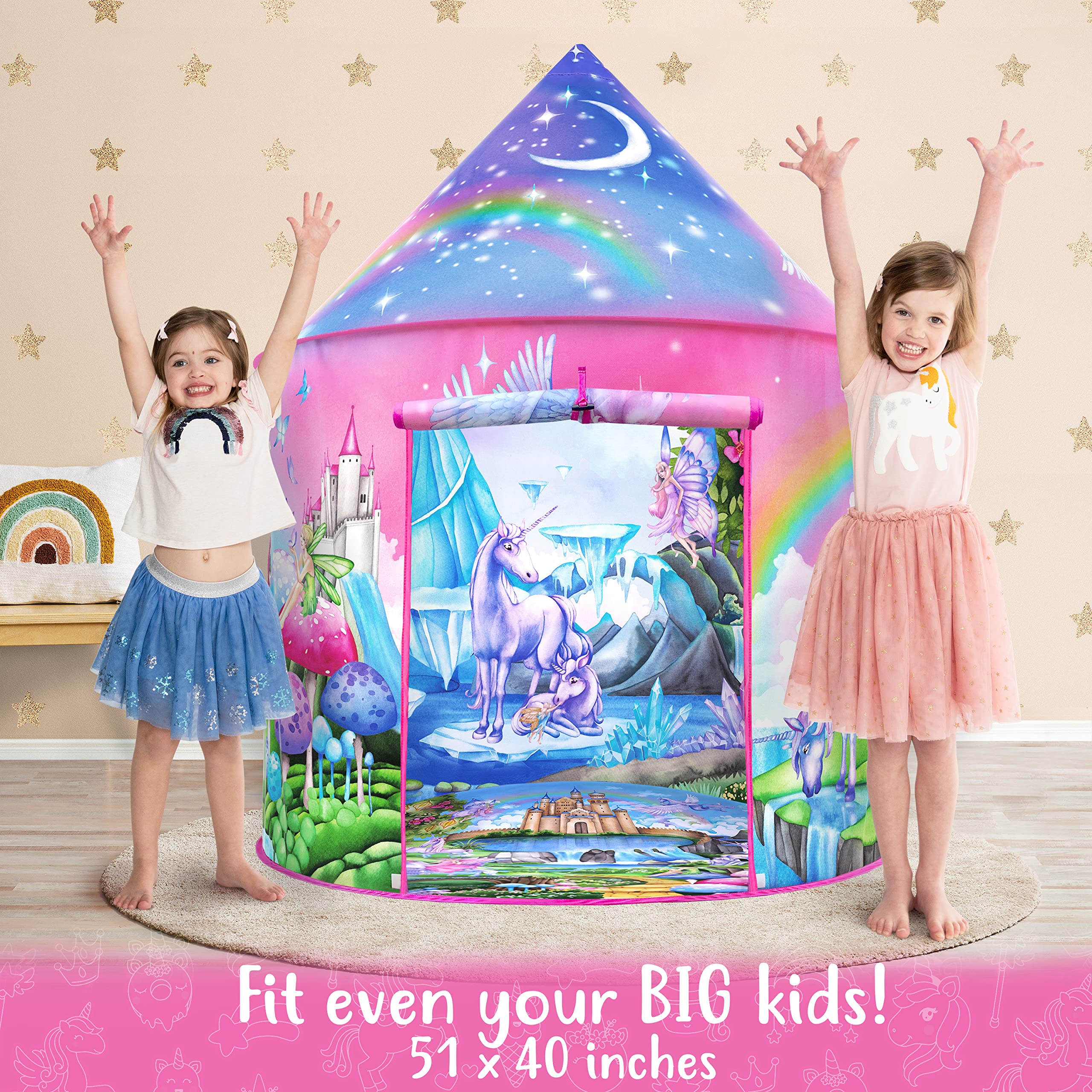 W&O Unicorn Sparkle Play Tent open entrance inviting quick access for indoor or outdoor fun.