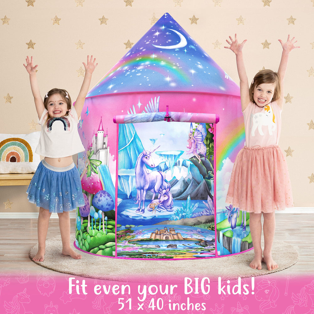 W&O Unicorn Sparkle Play Tent open entrance inviting quick access for indoor or outdoor fun.