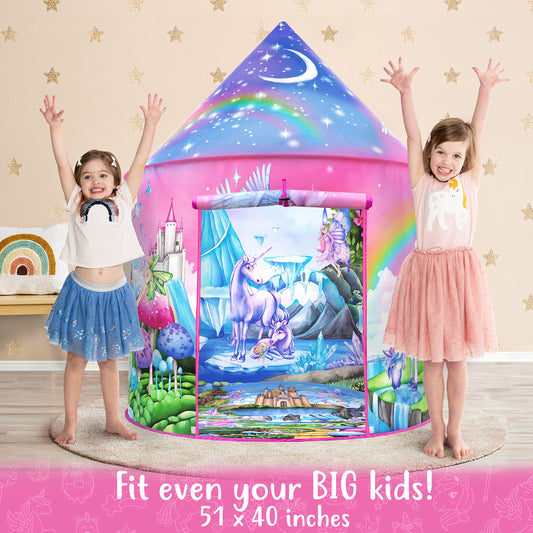 W&O Unicorn Sparkle Play Tent open entrance inviting quick access for indoor or outdoor fun.
