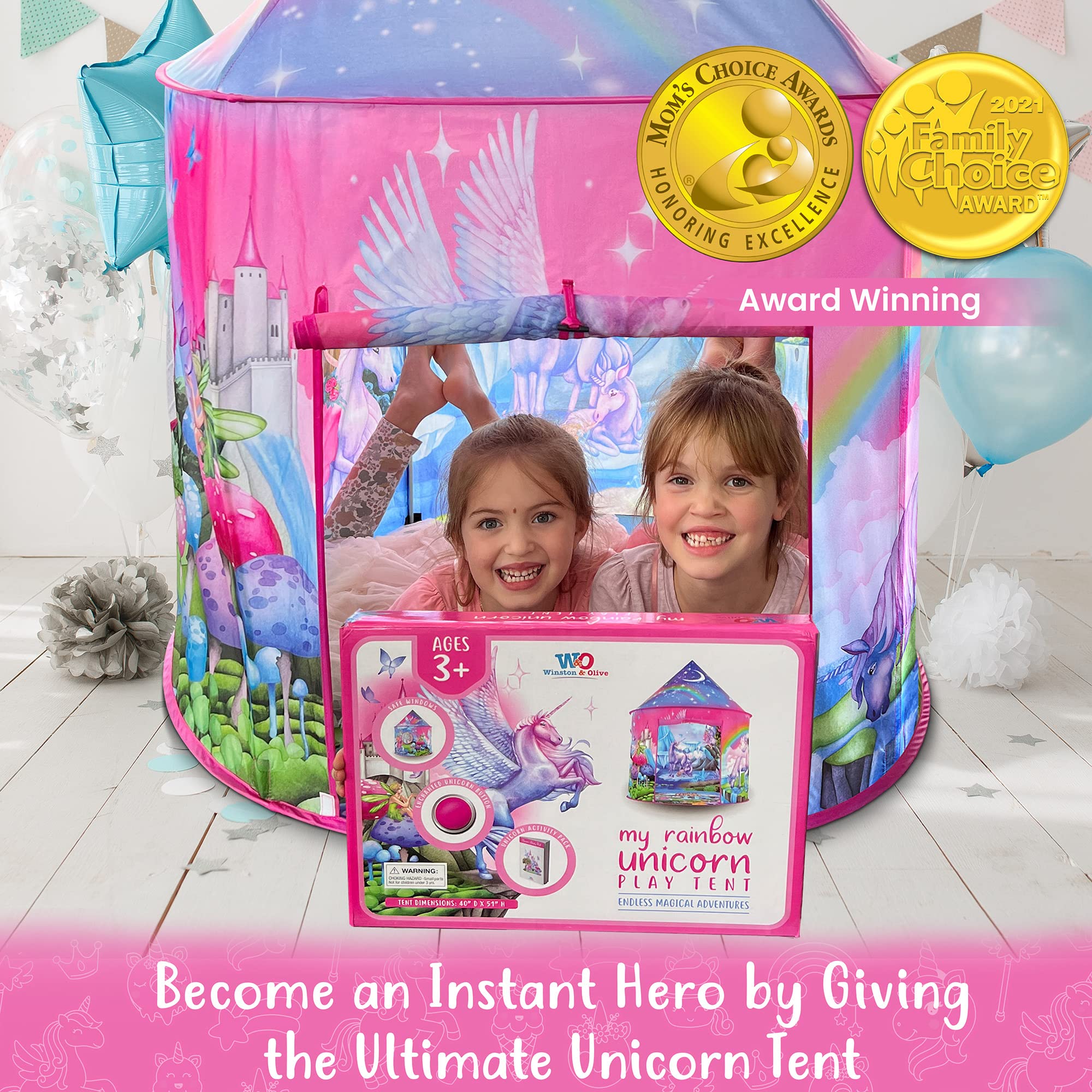 W&O Unicorn Sparkle Play Tent side artwork with whimsical forest and rainbow scenes.