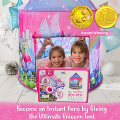 W&O Unicorn Sparkle Play Tent side artwork with whimsical forest and rainbow scenes.