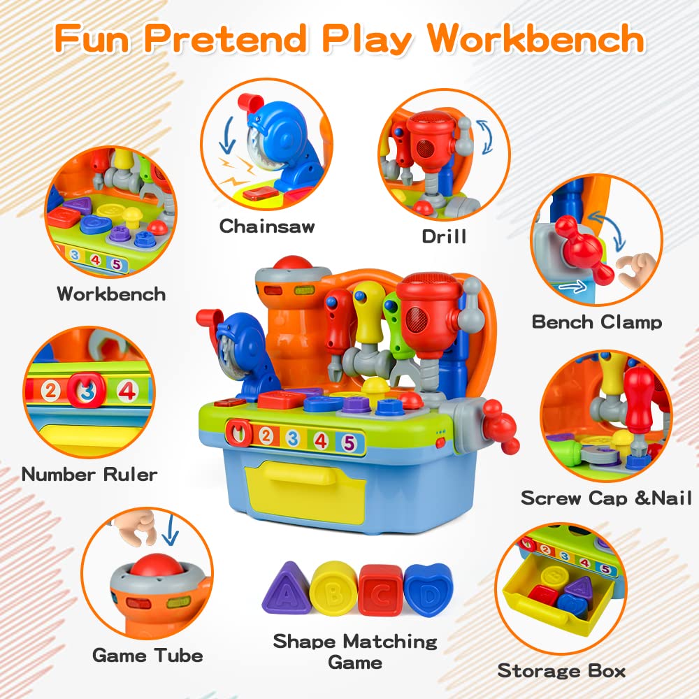 Woby workbench chainsaw sound enhances imaginative role play and creative thinking.