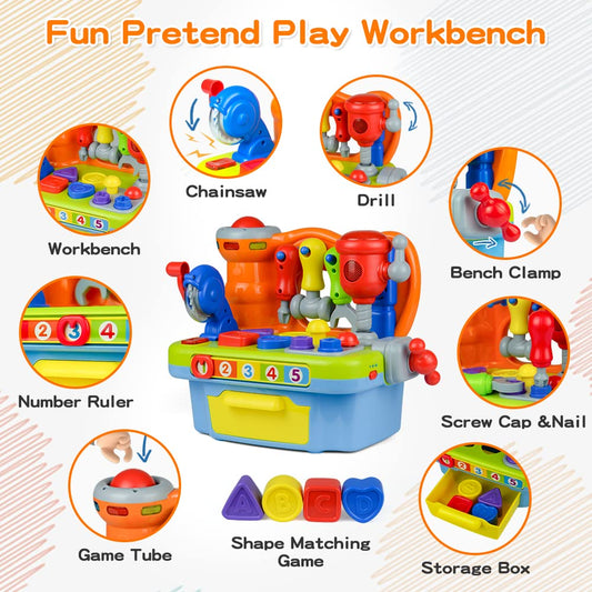 Woby workbench chainsaw sound enhances imaginative role play and creative thinking.