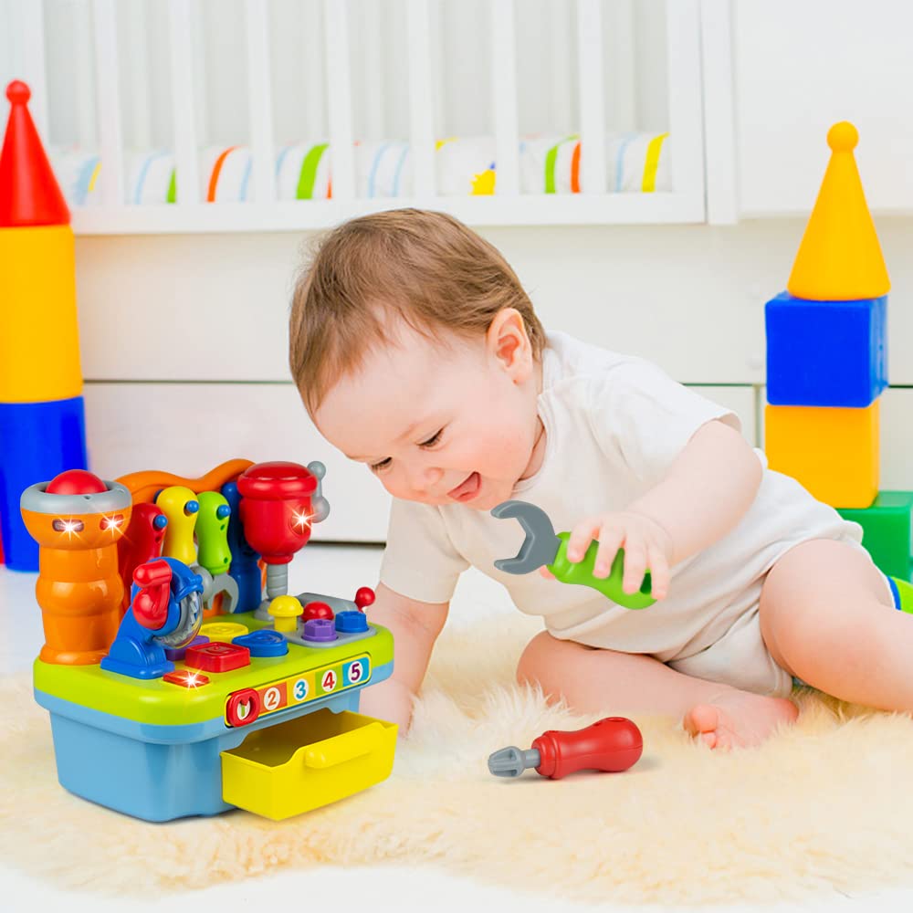 Woby workbench hammer-nails sound encourages hand-eye coordination and rhythmic tapping.