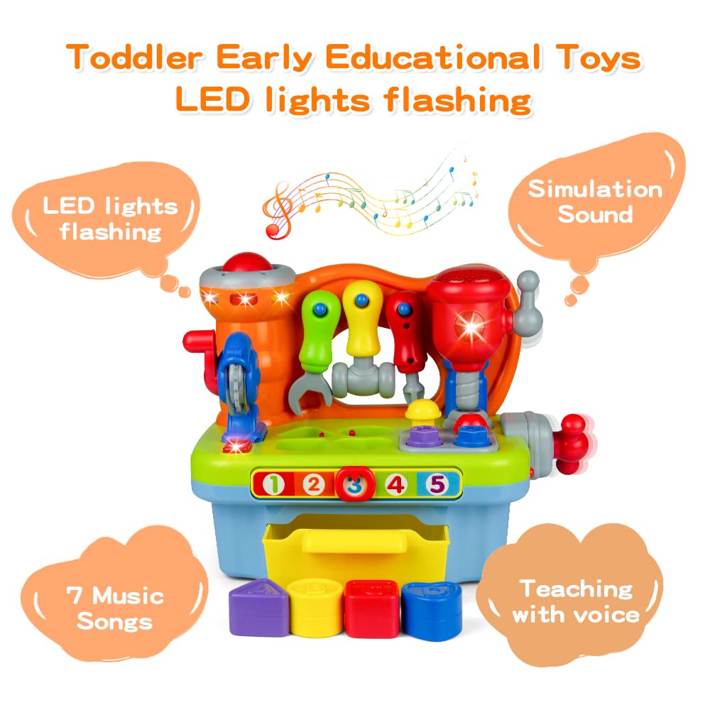 Woby workbench screw-cap sound promotes manipulative skills and cause-and-effect learning.