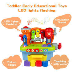 Woby workbench screw-cap sound promotes manipulative skills and cause-and-effect learning.
