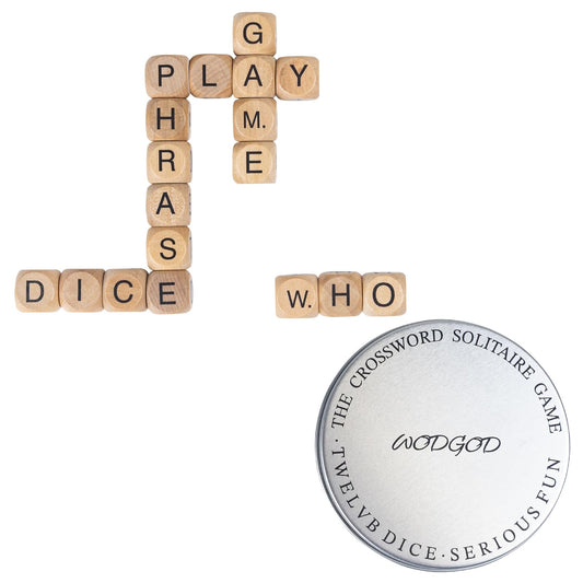 WodGod Crossword Dice set with 18 wooden dice for multiplayer word play.