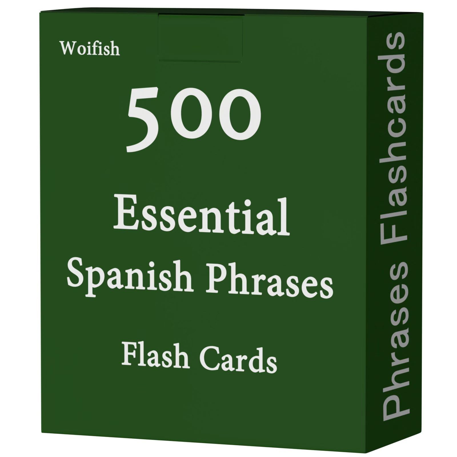 Woifish Spanish Phrases Flash Cards cover, durable and portable learning for beginners.