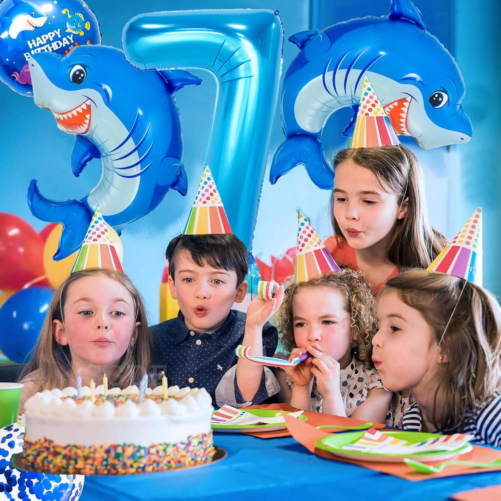 Woizoeiy shark-themed balloon decor enhances memorable party photo opportunities.