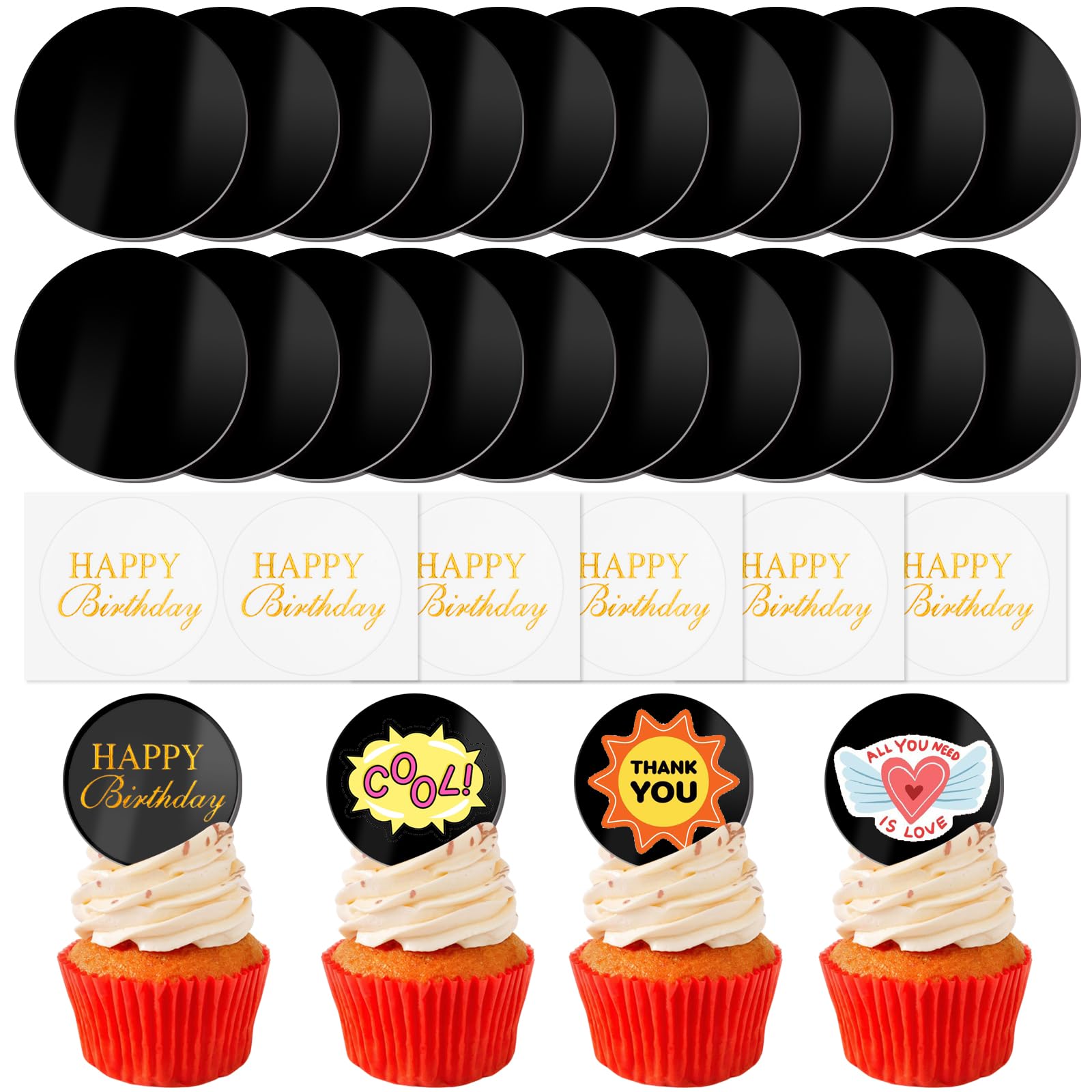 Wolpark 2-inch black blank acrylic toppers on a cupcake for a polished look