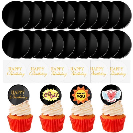 Wolpark 2-inch black blank acrylic toppers on a cupcake for a polished look