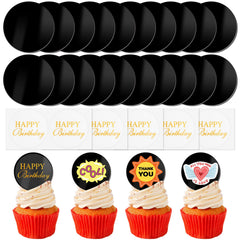 Wolpark 2-inch black blank acrylic toppers on a cupcake for a polished look