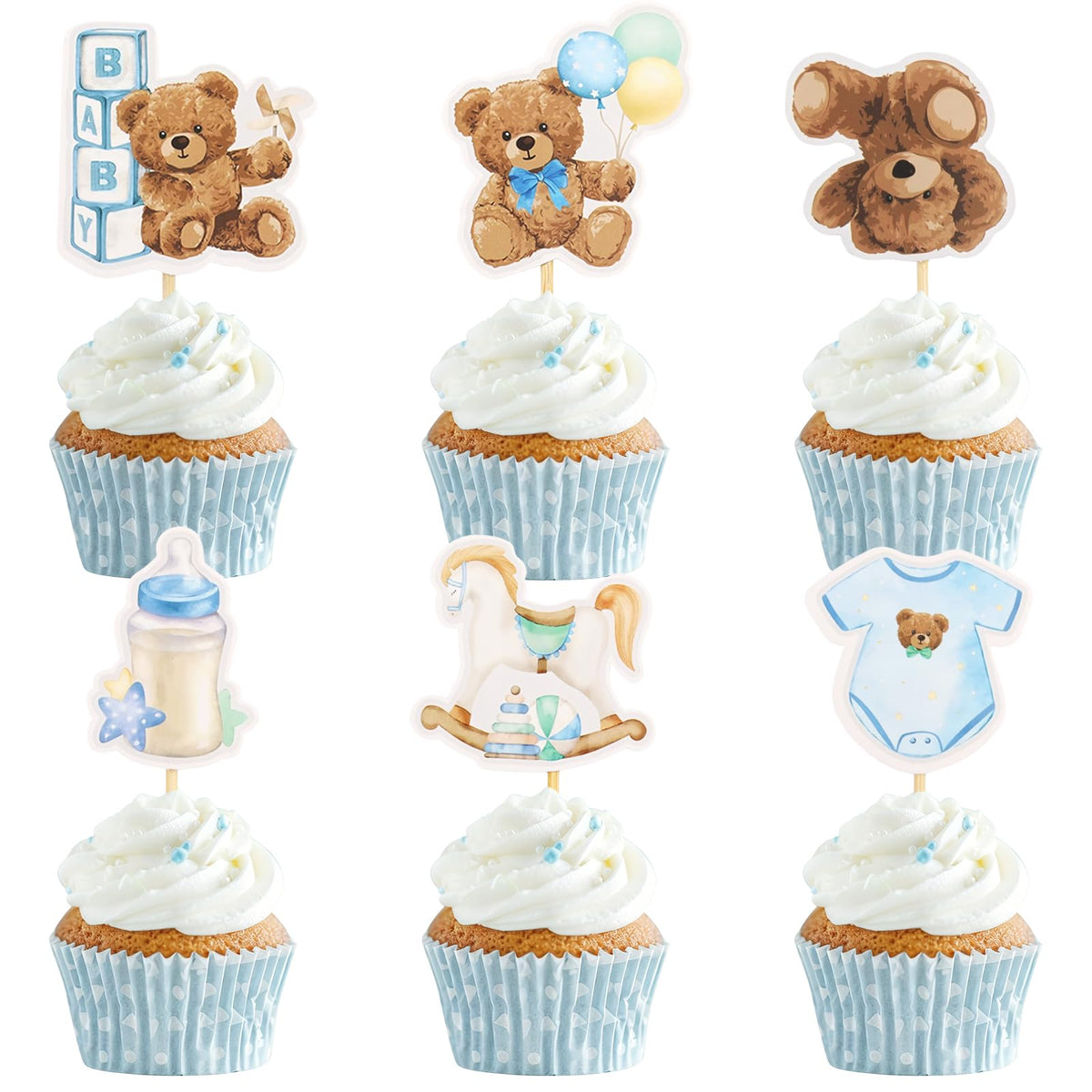 Wolpark blue bear cupcake topper on a stick for teddy party desserts.