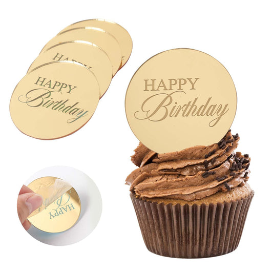 Wolpark gold mirror acrylic cupcake topper with Happy Birthday lettering adds elegance to desserts.