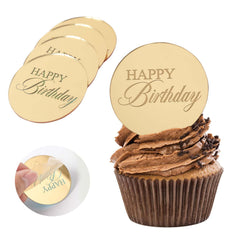 Wolpark gold mirror acrylic cupcake topper with Happy Birthday lettering adds elegance to desserts.