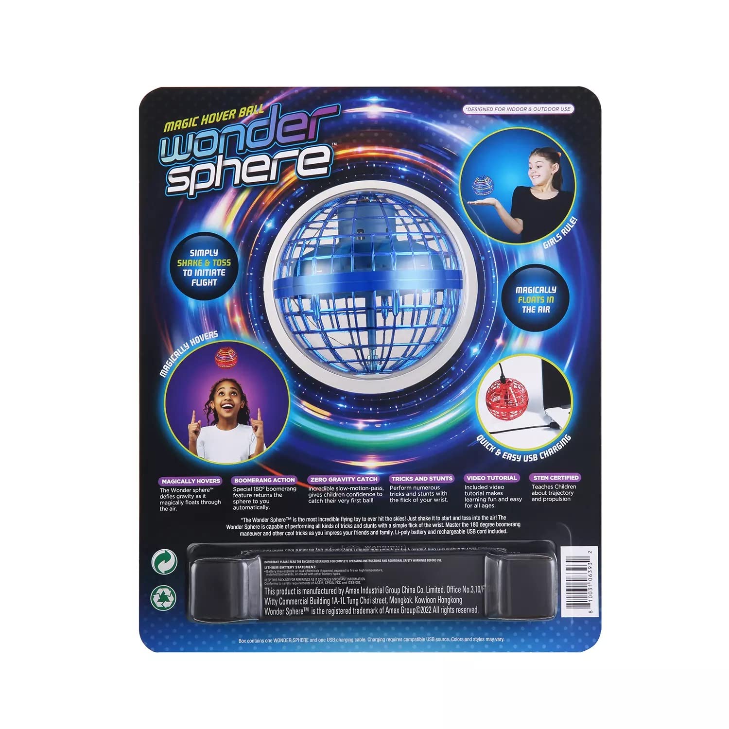 Wonder Sphere Magic Hover Ball blue performs a 180-degree boomerang trick with smooth recovery