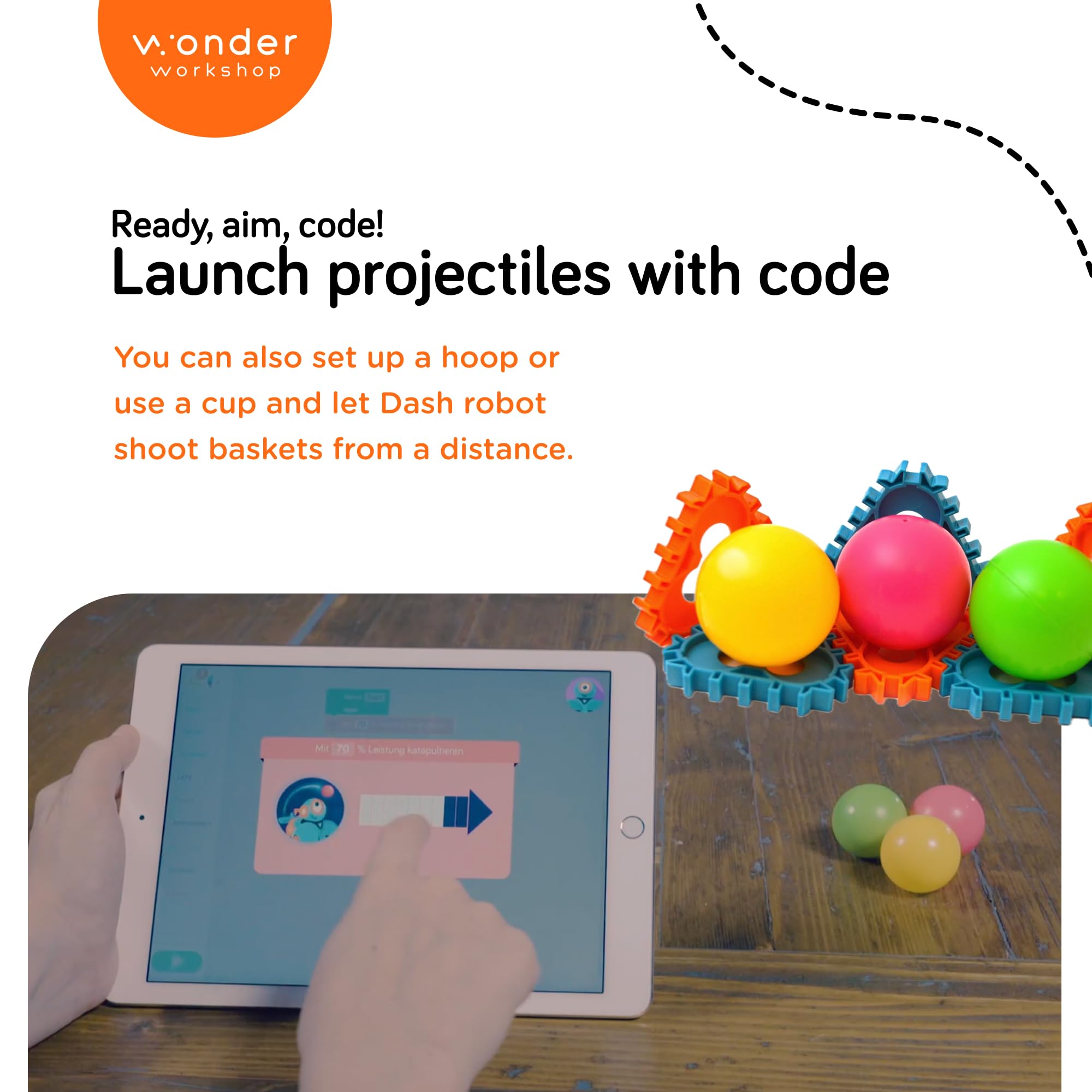 Wonder Workshop Launcher Dash hoop shot demonstrates long-distance accuracy in play