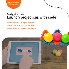 Wonder Workshop Launcher Dash hoop shot demonstrates long-distance accuracy in play