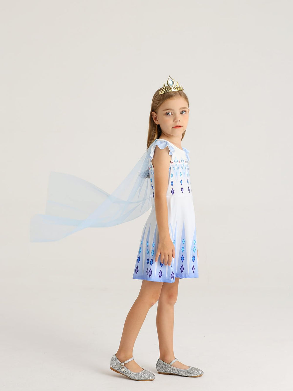 WonderBabe Snow Queen dress cape detail highlighting easy removal