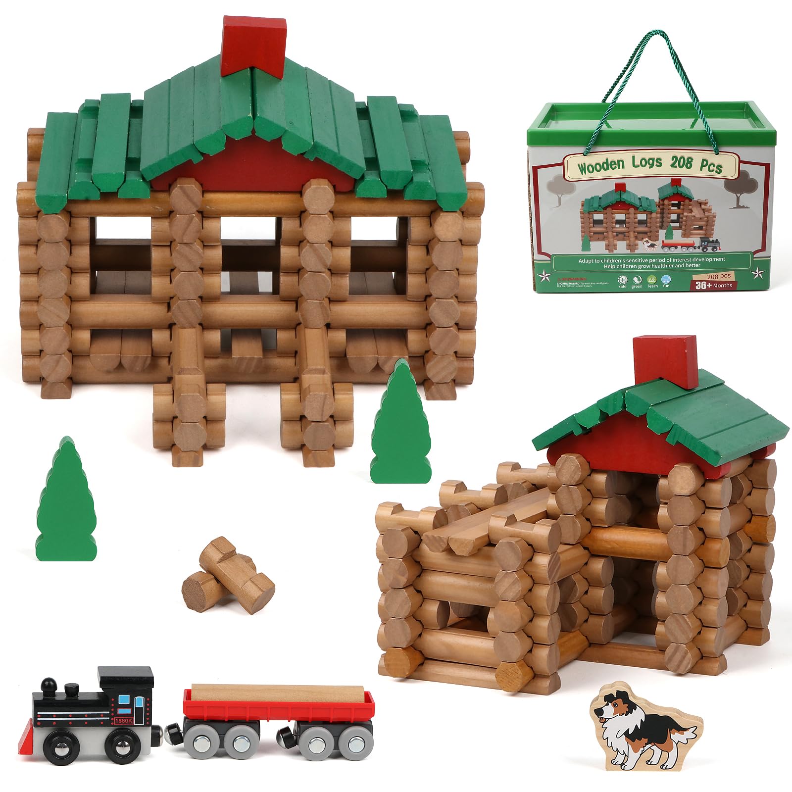 Wondertoys 208-pcs wooden log cabin set for creative play