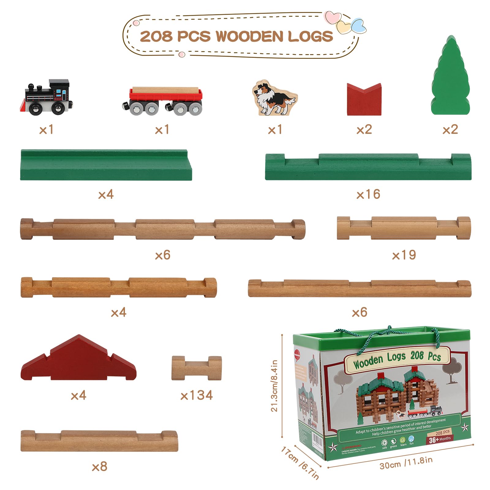 Wondertoys 208-pcs wooden log set doors create accessible cabin entrances