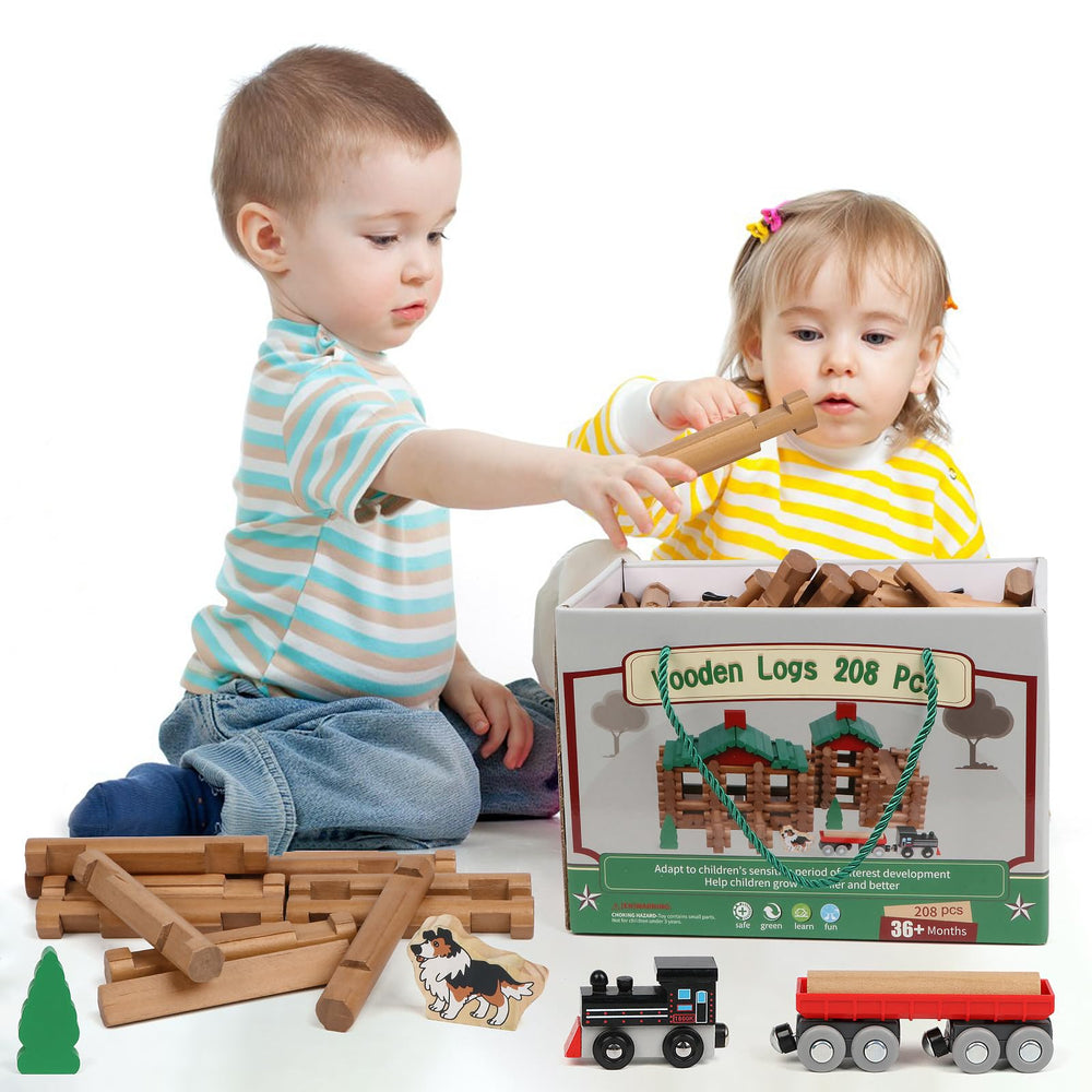 Wondertoys 208-pcs wooden log set trees provide colorful scenery for interactive play