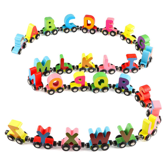 Wondertoys 27-piece wooden alphabet train with colorful letters for early literacy play.