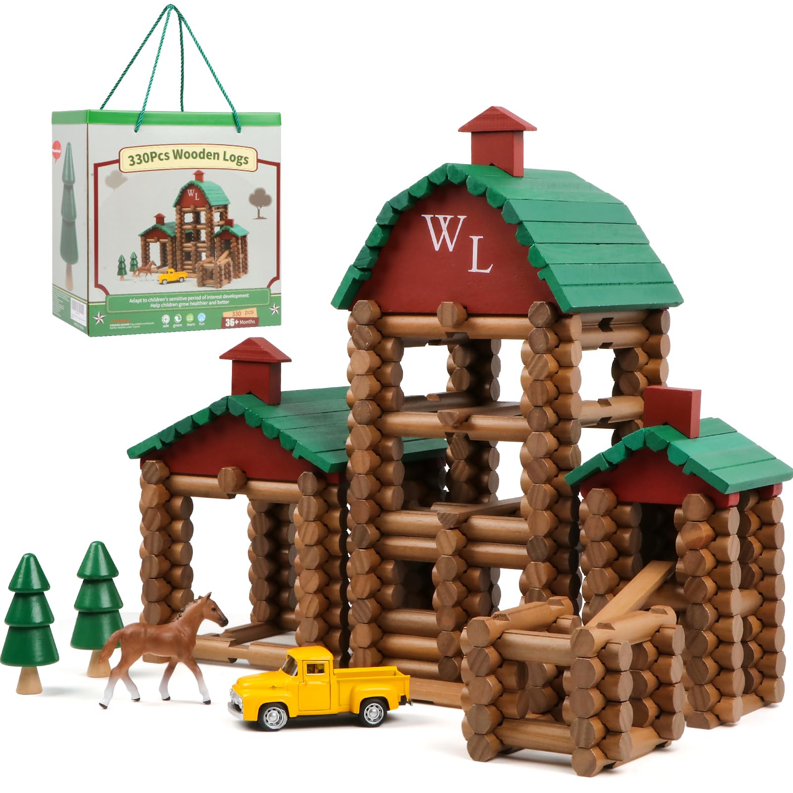 Wondertoys 330pcs wooden log cabin pieces for creative construction and imaginative play