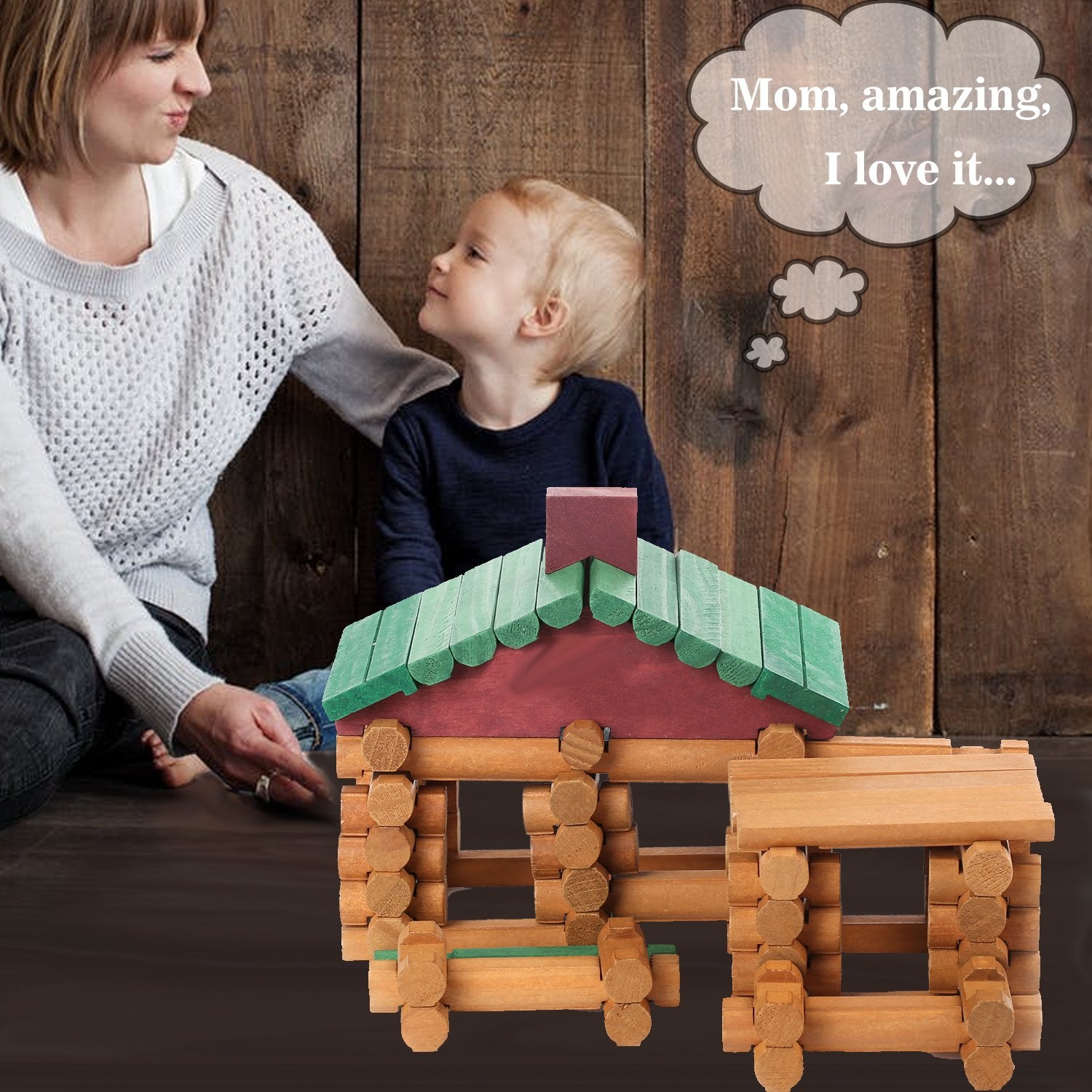 Closeup of Wondertoys wooden logs with interlocking indentations for easy building.