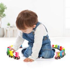 Wondertoys wooden alphabet train magnets connect cars for longer trains and interactive learning.