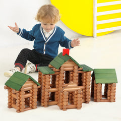 Wondertoys wooden logs school cabin pieces for imaginative construction.