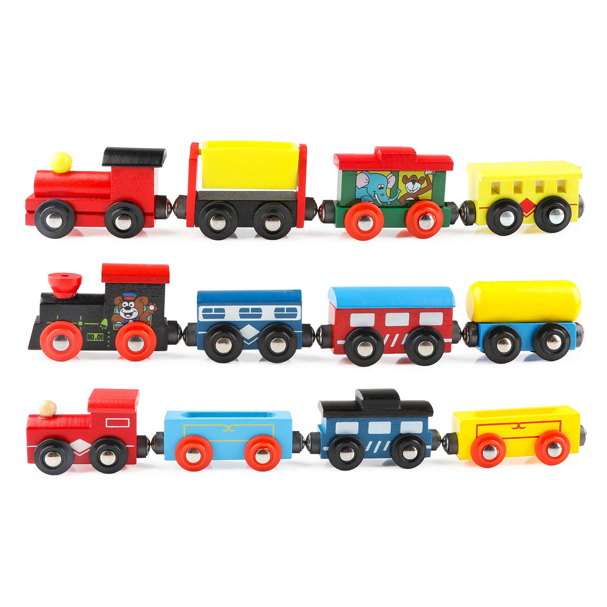 Wondertoys wooden train cars 12-piece set with engines and storage bag for imaginative play