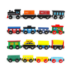 Wondertoys wooden train set showing engines and coaches for imaginative play.