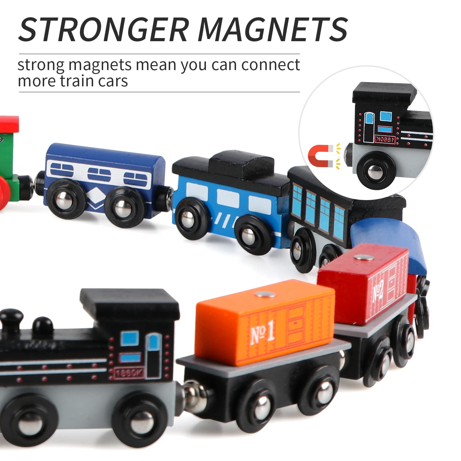 Wondertoys compatible track design works with Thomas and other wooden sets.