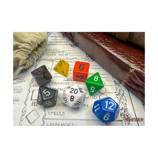 Wondertrail Nostalgia dice set in pink opaque with white numbers for easy readability during gameplay
