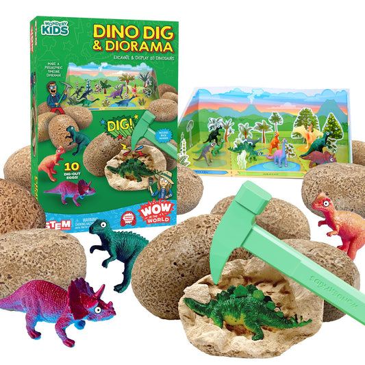 WONDERY KIDS Dino DIG egg opened, revealing a buried dinosaur figure for hands-on exploration.