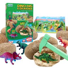 WONDERY KIDS Dino DIG egg opened, revealing a buried dinosaur figure for hands-on exploration.